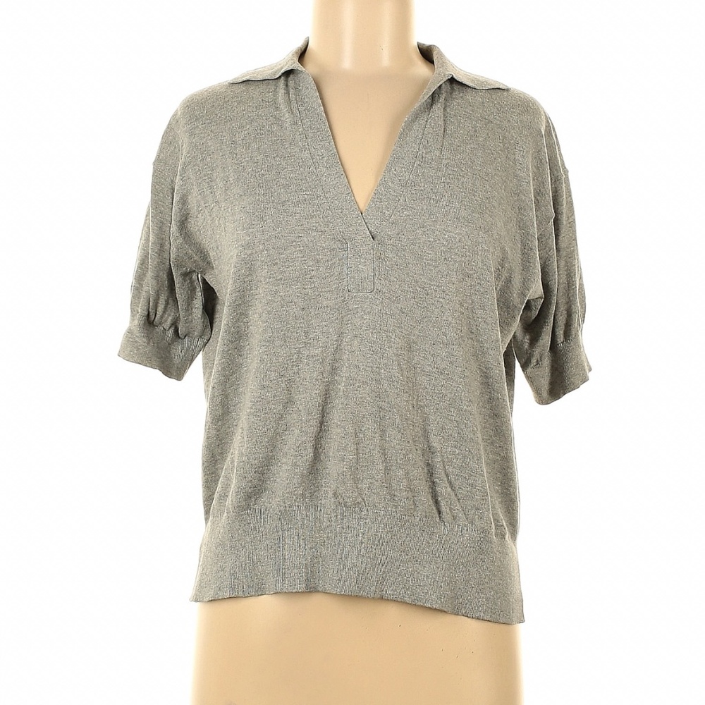 White + Warren Cotton Cashmere Collared Knit Short Sleeve Top Gray XS
